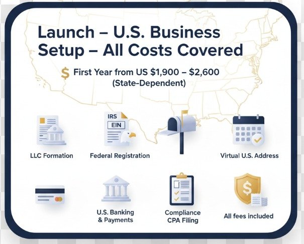 All-inclusive U.S. Business Setup Launch Package – LLC, EIN, banking, registered agent, CPA filing, and government fees covered – from US $1,900